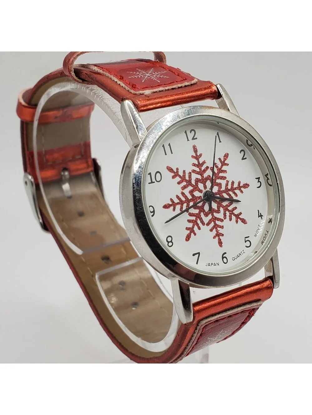 Red Snowflake Quartz Watch Womens 32mm Red Snowflake Band New Battery